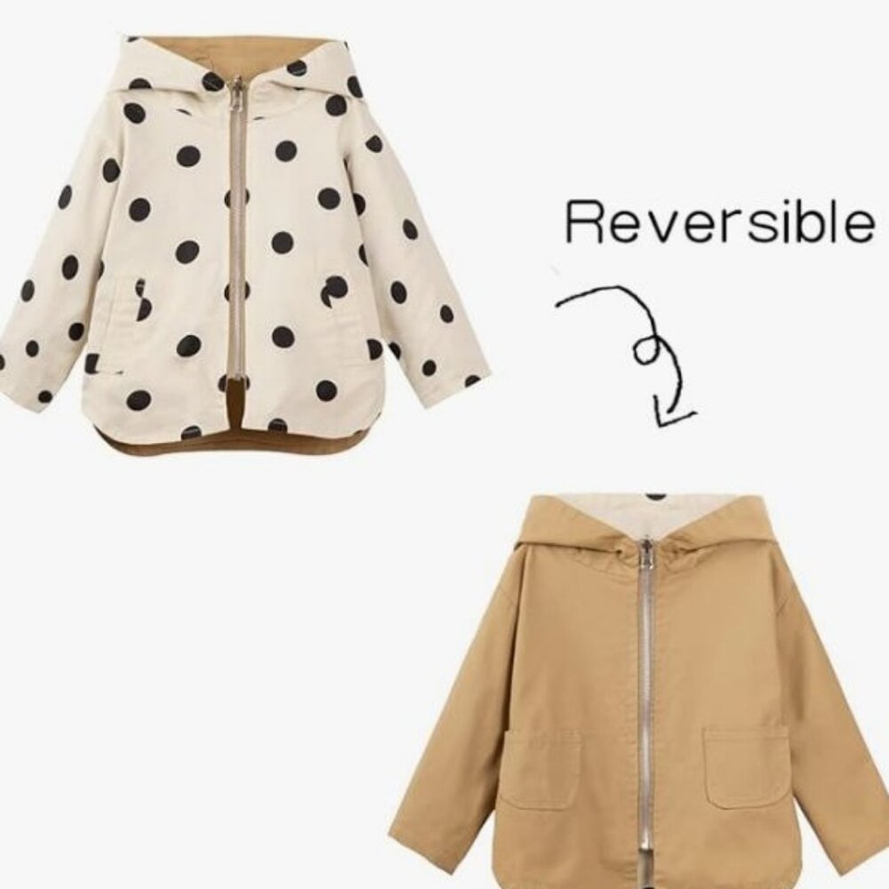 Toddler Babies Reversible Unisex Kids Khaki White Polka Dot Full Zip Jacket Coat
